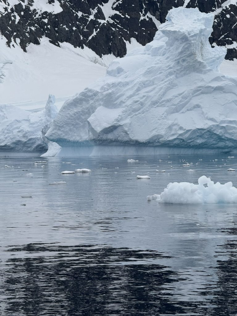 A large iceberg with dark rock behind it and brash ice scattered across still water